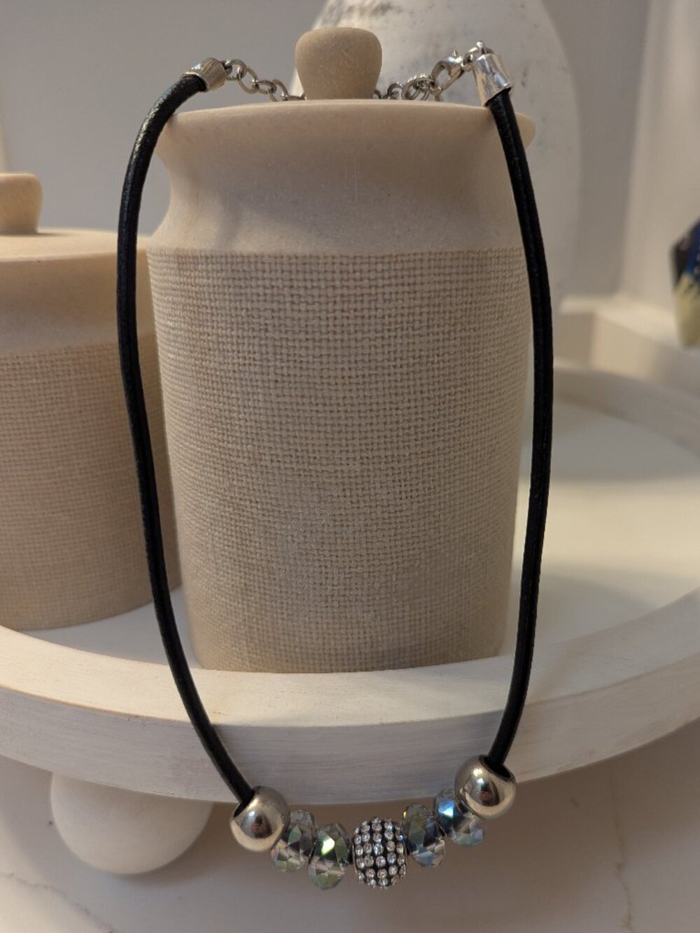 Artisan Black Leather Beaded Choker Necklace